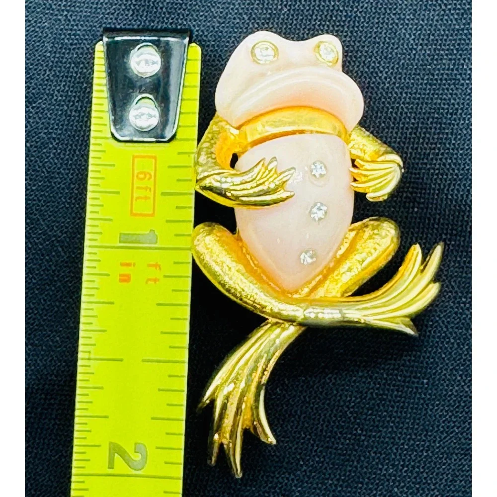 Vintage Pink Lucite Frog Brooch Gold Tone Clear Rhinestone Figural Pin
